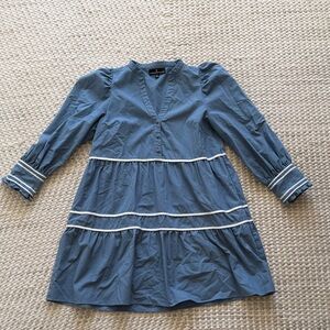 Pomander Place Dusty Blue Long Sleeve Tiered Dress with White Trim
